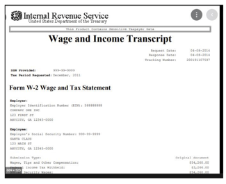 Sample IRS Wage and Income Transcript