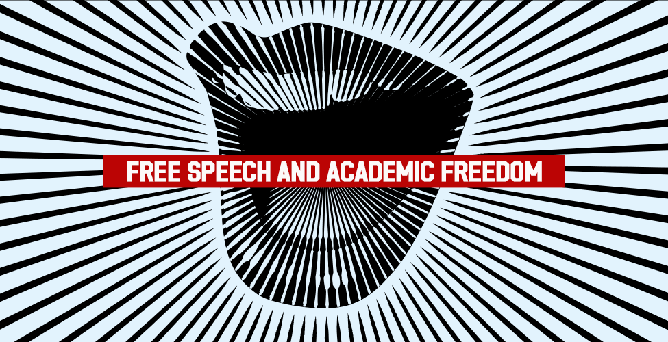 Free Speech and Academic Freedom Webinar image with open mouth symbolizing free speech.