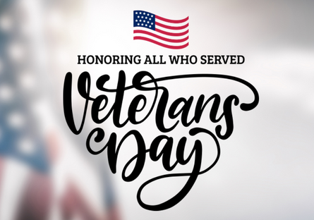 A graphic with the American flag with the wording Honoring All Who Served Veterans Day