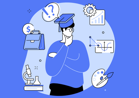 Graphic with a medium blue background and illustrations of a man wearing  a graduation cap and college icons surrounding the graphic