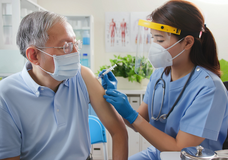 Image of a woman doctor wearing a face mask giving a male patient wearing a face mask a shot