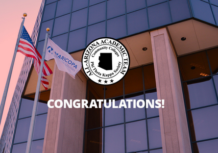 Exterior image of the MCCCD office building with the All-Arizona Academic Team seal 