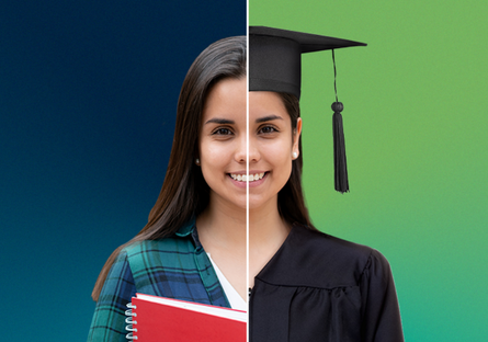 A split image of a woman as a student and wearing a cap and gown.