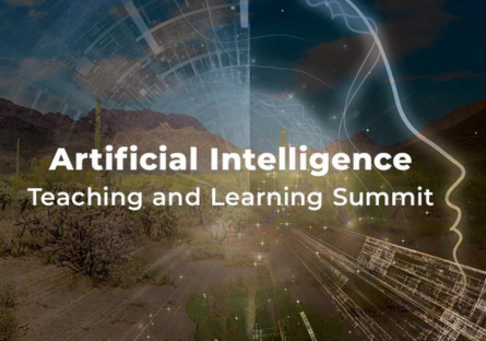 An image of the desert with an overly of an AI face with the words Artificial Intelligence Teaching & Learning Summit