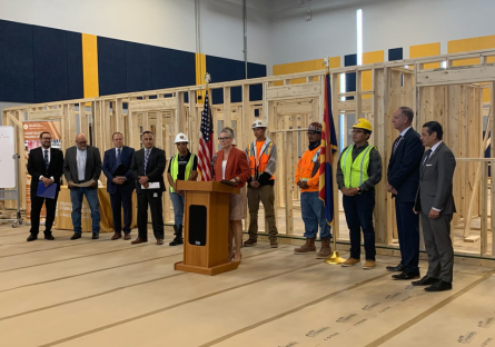 An image of Governor Hobbs at press conference at South Mountain Community College to promote BuilditAZ