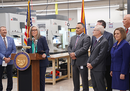 Arizona Governor Katie Hobbs speaks at a press conference announcing the Arizona Community College Workforce Scholarship Program.