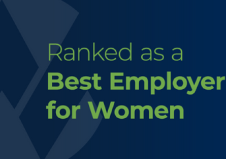 Green text that reads Ranked as a Best Employer for Women over a dark blue background