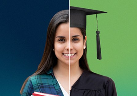 A split screen image of a woman carrying books with a dark blue background and and wearing a graduation cap with a green background 